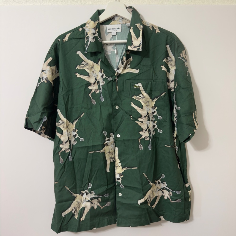 Lacoste Tennis Player Graphic Shirt Mens L Green NEW Relaxed Fit Button Up $140